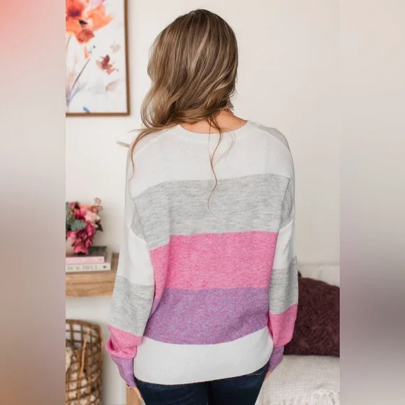 Colorblock Women’s Crew Neck Striped Pink, Purple, Gray Spring Sweater, Size M - Picture 10 of 12